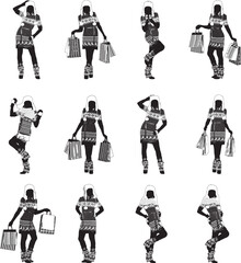 Winter Shopping Silhouettes, Vector Illustration on White Background