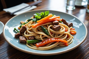 Delicious Beef and Vegetable Stir fry Noodles on a Plate