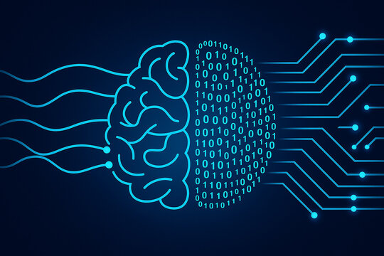 AI generated abstract brain divided into artistic left side and binary code right side symbolizing fusion of human creativity and artificial intelligence with neural circuits and data flow