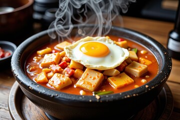 Steaming Spicy Korean Stew with Fried Egg Tofu Cubes in Bowl