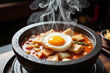 Steaming Hot Spicy Tofu Stew with Fried Egg Delicious Asian Cuisine