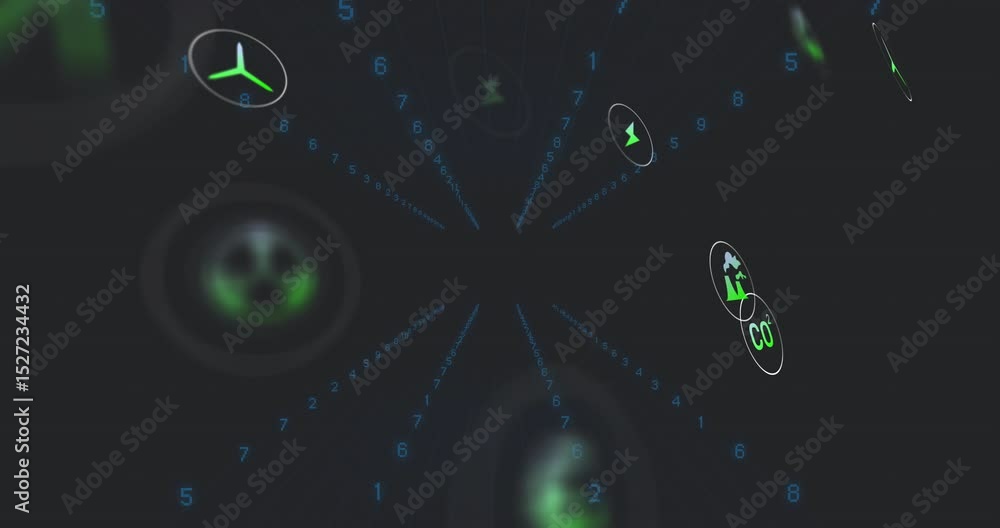Poster green blur pulsing and initiating icons appearing around rotating numeric grid for visualizing data