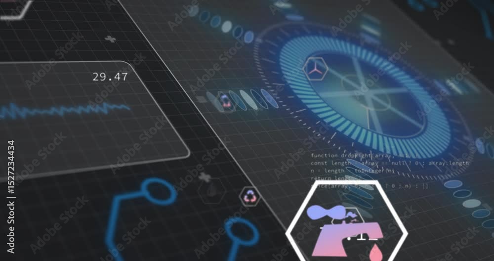 Poster code snippet scrolling initiating rotating dial spinning icons floating inward for data insight