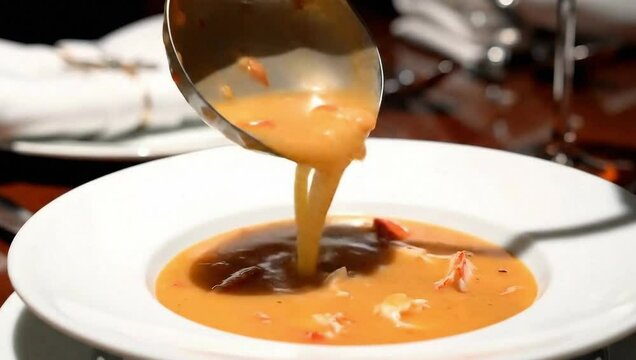 Lobster bisque ladled, creamy texture, soft light, porcelain bowl
