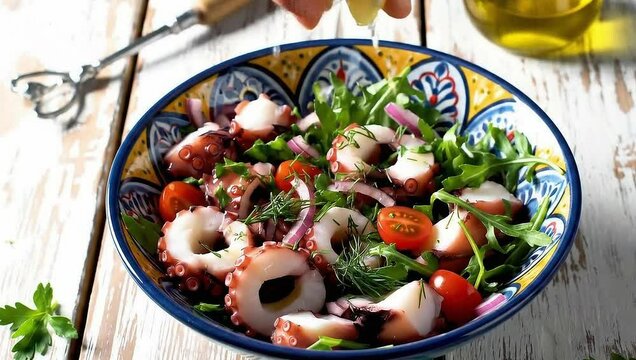 Octopus salad tossed, vibrant herbs, bright light, rustic table