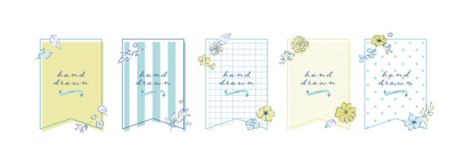 線画の草木イラスト。夏の草木のポストカード背景。夏のベクターおしゃれフレーム素材。Line drawing grass and trees illustration. Summer plants and trees postcard background. Summer vector stylish frame material.