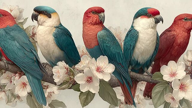 Elegant parrot pattern on a branch with white flowers, creating a decorative tropical design