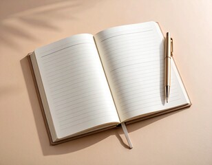 Minimalist top view of an open lined notebook with a golden pen on a neutral beige background, ideal for journaling, planning, or note-taking themes.