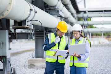 Engineer working at power substation high voltage infrastructure inspection and check with safety helmet and vest in industrial environment