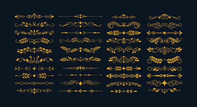 Luxurious Golden Flourish Dividers, An Exquisite Collection of Elegant Decorative Horizontal Border Ornaments, Perfect for Adding Vintage Charm and Sophistication to Any Design Project