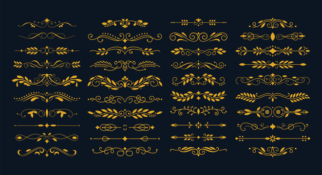 Luxurious Golden Flourish Dividers, An Exquisite Collection of Elegant Decorative Horizontal Border Ornaments, Perfect for Adding Vintage Charm and Sophistication to Any Design Project