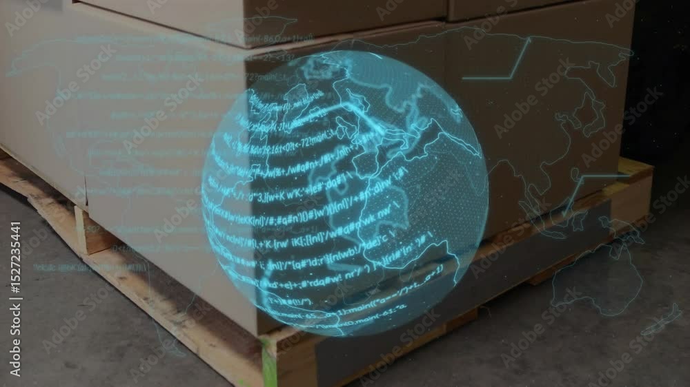 Poster holographic globe materializing above pallet, rotating with code arcs around ascending data chart