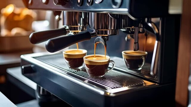 Espresso machine pouring coffee into glass cups, creating crema, with blurred background in coffee shop