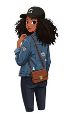 Back View Stylish Young Woman in Jeans and Cap Holding Handbag – Vector Illustration