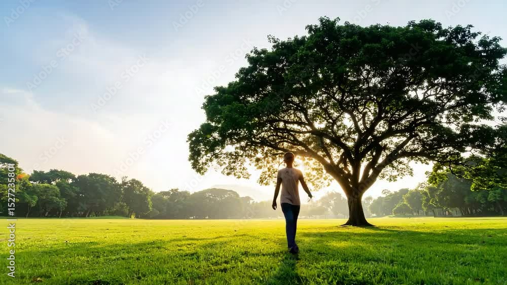 Aufkleber man standing in a lush field with a majestic tree in the background during a sunny day