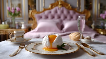 Elegant bedroom with lavish breakfast setting