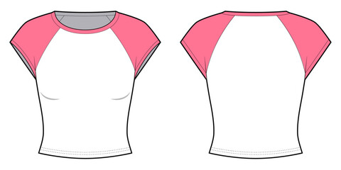 Color Contrast Slim Fit Short Sleeve Raglan T Round Neck- shirt- Front and Back View-Technical Illustration- CAD Vector illustration