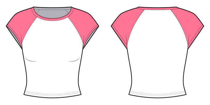 Color Contrast Slim Fit Short Sleeve Raglan T Round Neck- shirt- Front and Back View-Technical Illustration- CAD Vector illustration