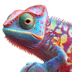 Fototapeta premium A vibrant, colorful chameleon displays intricate skin patterns, showcasing its unique ability to blend with its surroundings. Png, Transparent background.