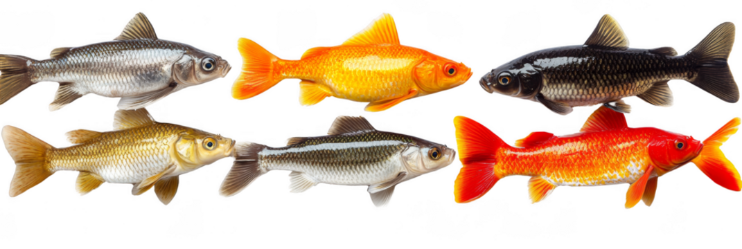 A vibrant display of various goldfish in different colors and sizes, showcasing their unique shapes and features. Png, Transparent background.