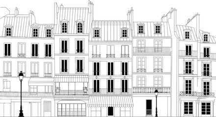 Elegant black and white illustration depicting classic parisian architecture with detailed building facades
