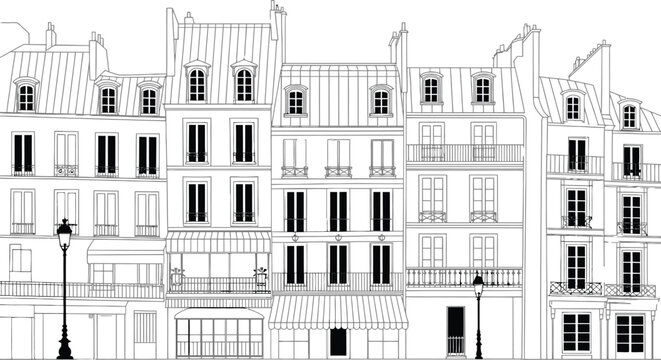 Elegant black and white illustration depicting classic parisian architecture with detailed building facades
