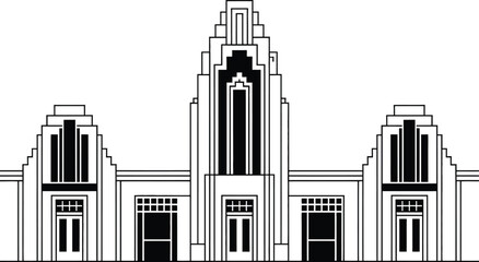 Art deco building architecture illustration depicting classic geometric design and structure in black and white