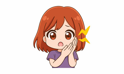 cute girl holding her cheek suffering from toothache cartoon illustration