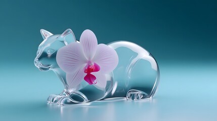 Obraz premium Glass cat sculpture with delicate orchid flower inside