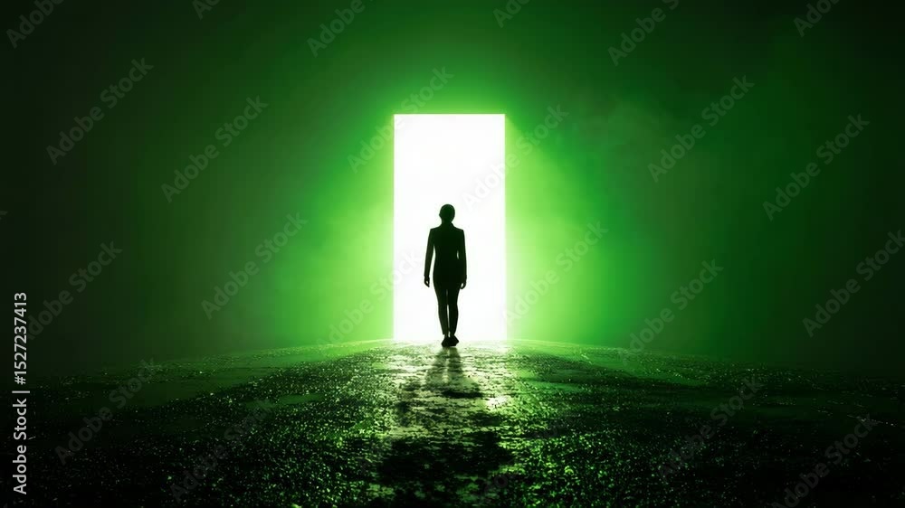 Poster man walking into a dark room illuminated by a mysterious green light from an open door