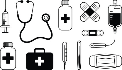 Black and white medical tools and first aid equipment collection illustration