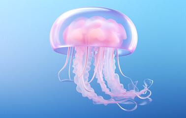 Luminous Jellyfish in Marine: An ethereal jellyfish drifts gracefully, its translucent form glowing softly against a blue backdrop. The scene evokes a sense of marine and elegance.