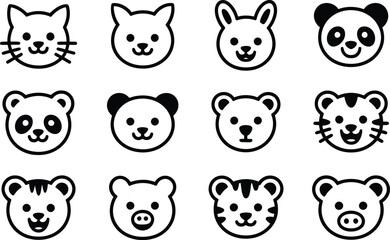 Cute animal faces in simple black and white outline designs for various creative projects