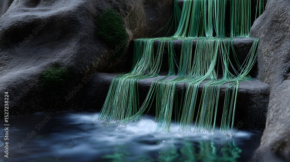 Poster cascading fabric threads create a surreal waterfall scene.