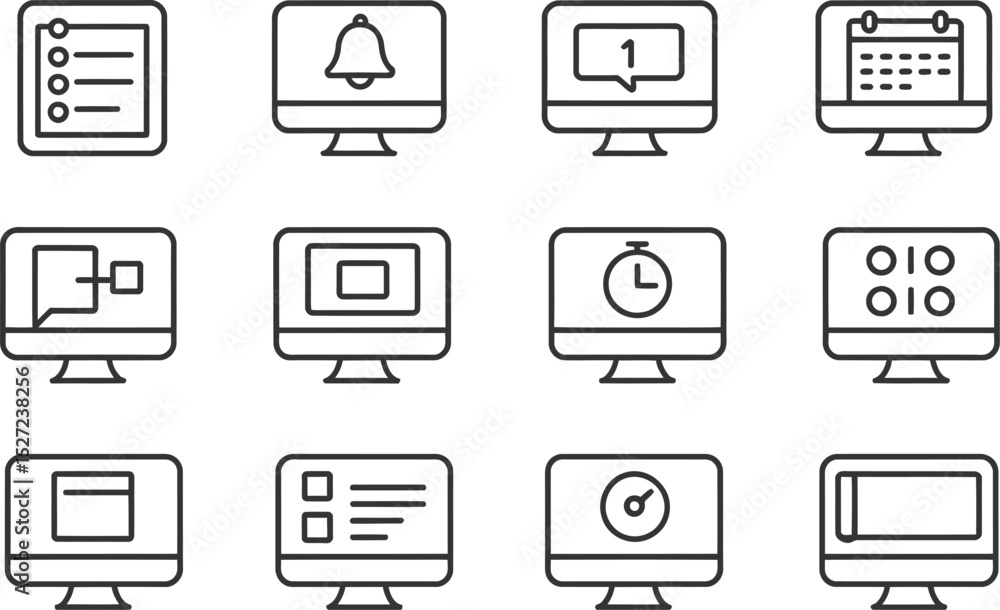 Poster set of modern computer monitor icons representing various digital functions and applications
