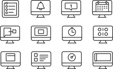 Set of modern computer monitor icons representing various digital functions and applications