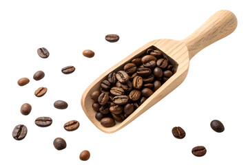 Fototapeta premium Coffee beans on wooden spoon isolated on white or transparent background