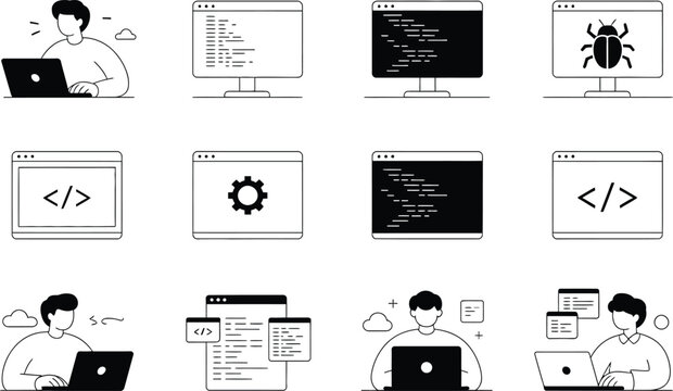 Software development and coding icons depicting programmers bug fixing and web design elements
