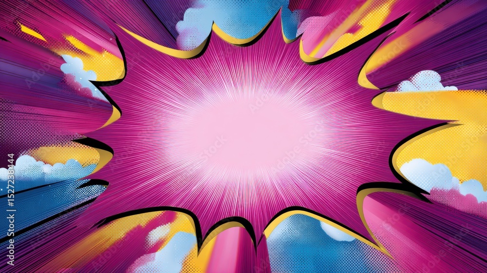 Poster vibrant abstract illustration featuring dynamic colors and radiating lines, creating a sense of expl