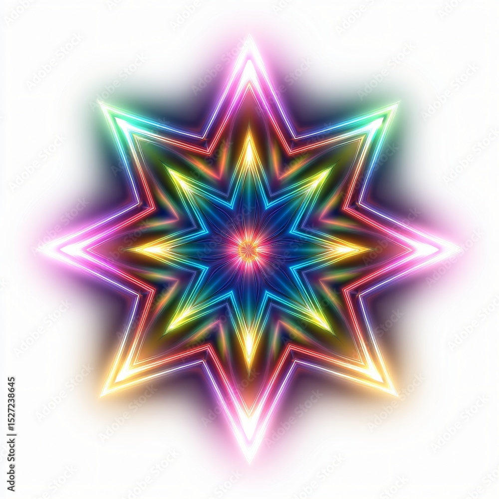 Poster a luminous starburst glows with dynamic, neon colors creating a mesmerizing kaleidoscopic pattern.