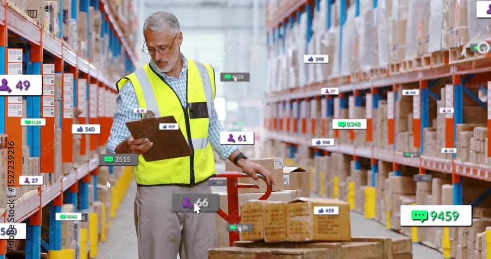 Poster warehouse inventory supervisor walking into aisle activating live data feed and verifying labels