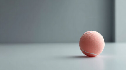 minimalistic of tennis ball emphasizing soft peach color positioned to right on clean light gray background