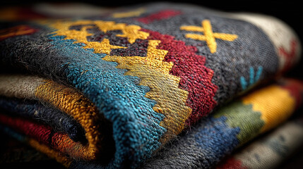 Woven Navajo-inspired blanket with colorful patterns and high detail. Southwestern Native American design. Background texture wallpaper.