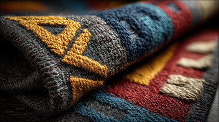 Close-up Navajo-inspired woven blanket with extremely high detail. Southwestern Native American design. Background texture wallpaper.