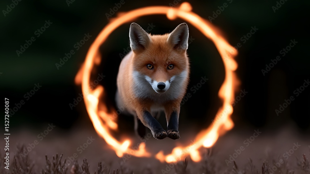 Poster a red fox leaps through a ring of fire in a dramatic, fantasy-inspired scene. long_title:a captivati