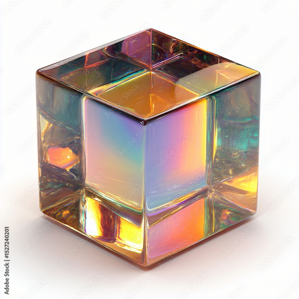 Aufkleber a crystal cube sculpture reflects an array of iridescent colors and light, standing on a white