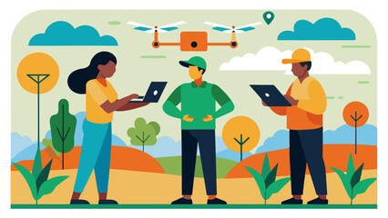 A team of agronomists uses drone mapping software to analyze field data and create customized plans for precision fertilization and irrigation.. Vector illustration