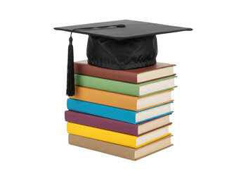 Graduation cap on stack of books isolated on transparent background