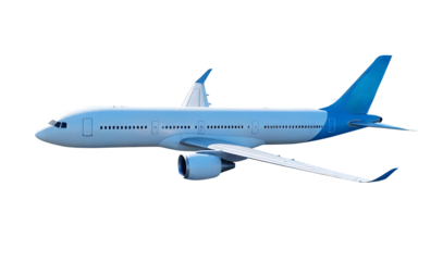 White airplane flying side view on a transparent background