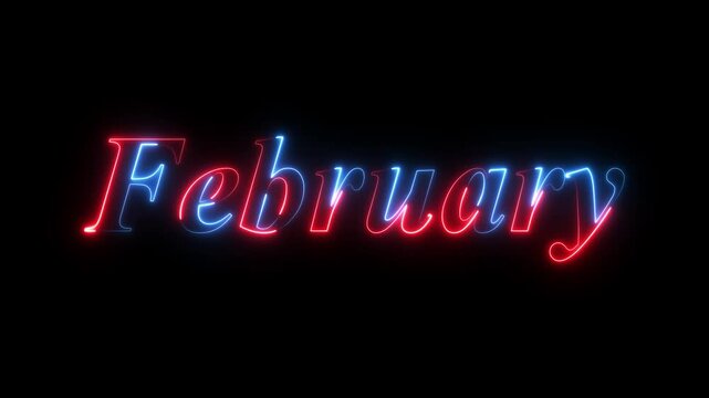 Neon february text animation on black background. february month neon line text concept. animated text effect with high visual impact. february neon looping animation. 2nd month of year